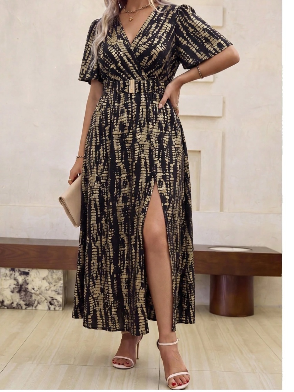 Plus All over Print V neck Short Sleeve Belted Maxi Dress